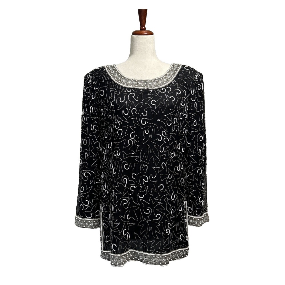 Lawrence Kazar Women's XL  Beaded Mini Dress Vintage VTG Black Silk Elegant